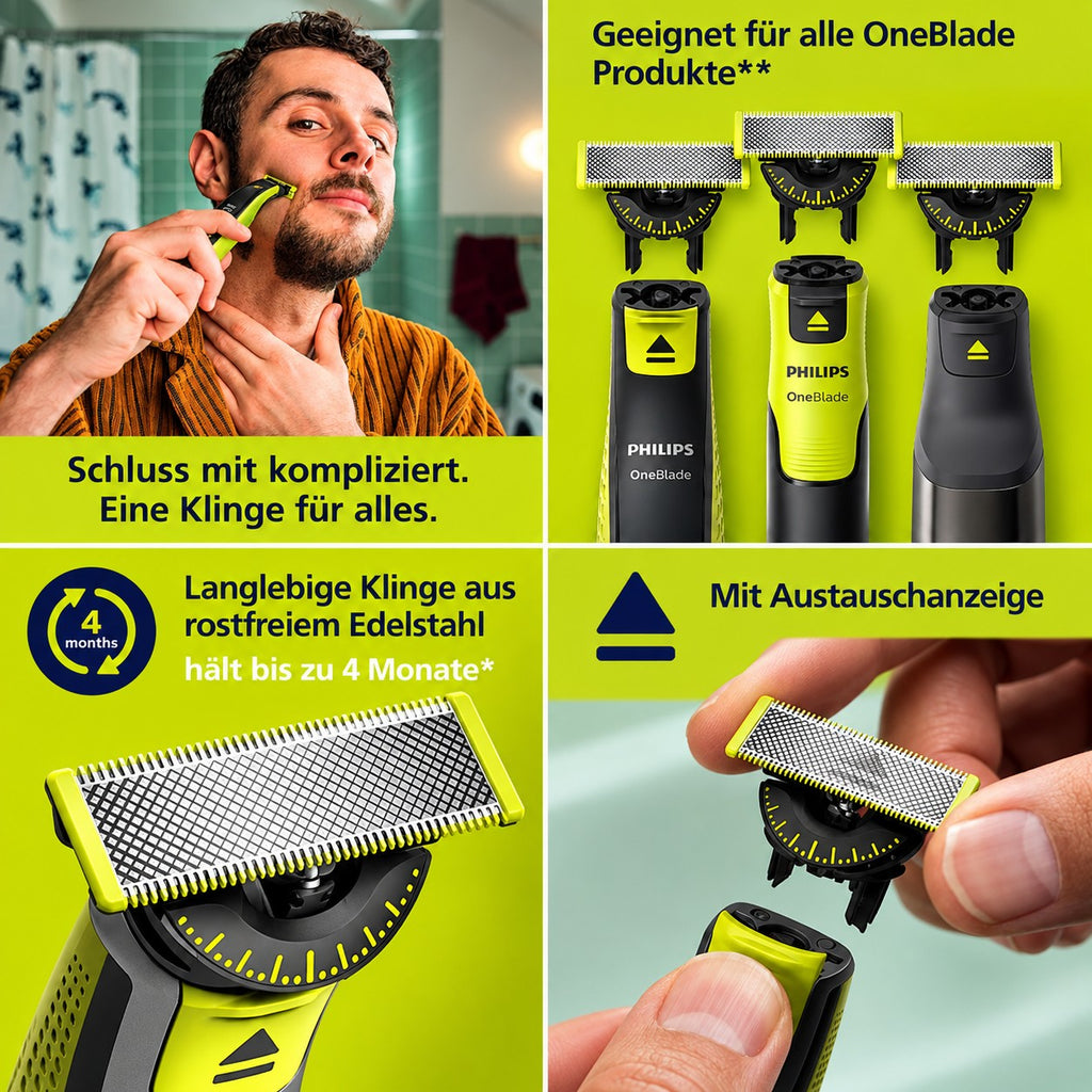 Anwendung der Ersatzklinge für OneBlade-Geräte: Bartstyling, verschiedene Handstücke, Edelstahlklinge und werkzeugloser Klingenwechsel