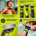 Anwendung der Ersatzklinge für OneBlade-Geräte: Bartstyling, verschiedene Handstücke, Edelstahlklinge und werkzeugloser Klingenwechsel