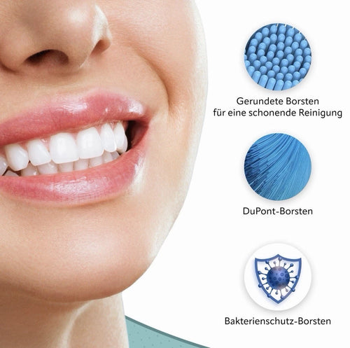 Grafik Aufsteckbürsten für Oral-B: abgerundete Borsten, DuPont-Borsten, Bakterienschutz-Borsten