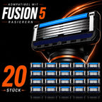 20 Ersatzklingen für Gillette Fusion5 ProGlide, blau-schwarz, Klinge am Griff vor dunklem Hintergrund
