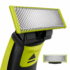 Ersatzklinge für Philips OneBlade aufgesteckt auf dem Gerät, daneben eine einzelne Klinge