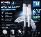 Infografik USB-C Ladekabel: 60 W Schnellladen, schnelle Datenübertragung, 1 m Länge, Nylon-Ummantelung