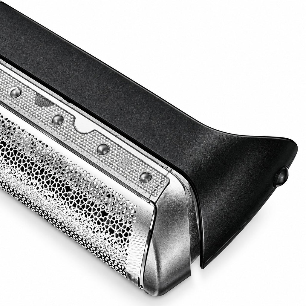 Nahaufnahme 10B Scherfolie für Braun Series 1 – Folienstruktur, Trimmerleiste und Rastnase am Rahmen