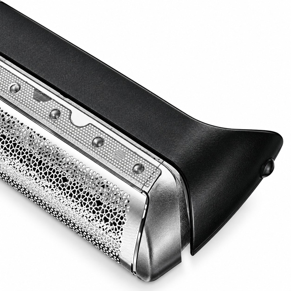 Nahaufnahme 10B Scherfolie für Braun Series 1 – Folienstruktur, Trimmerleiste und Rastnase am Rahmen