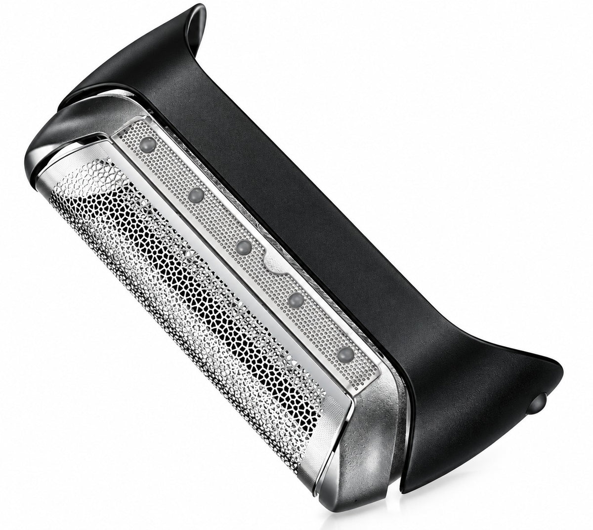 10B Scherfolie für Braun Series 1 in Schrägansicht – schwarzer Rahmen mit Metall-Scherfolie und Langhaarschneider