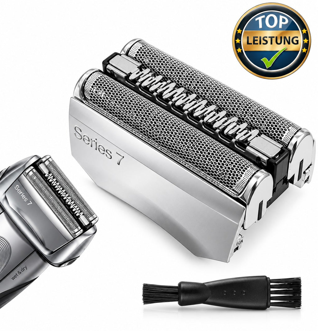 Scherkopf für Braun Series 7 mit Reinigungspinsel im Lieferumfang – daneben ein Series-7-Rasierer zum Größenvergleich