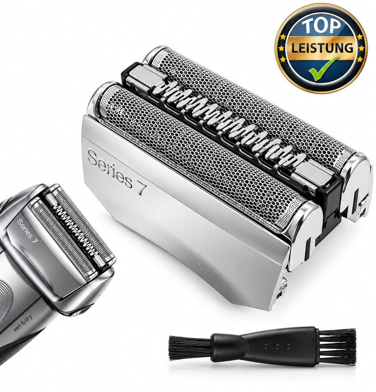 Scherkopf für Braun Series 7 mit Reinigungspinsel im Lieferumfang – daneben ein Series-7-Rasierer zum Größenvergleich