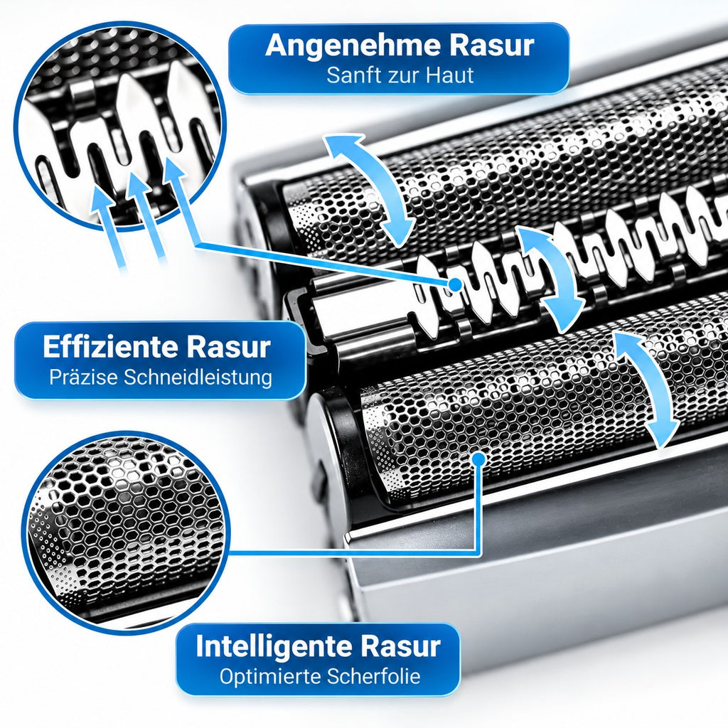 Detailansicht Scherfolie und Mittelschneider des Scherkopfs für Braun Series 7 – gründliche, hautschonende Rasur