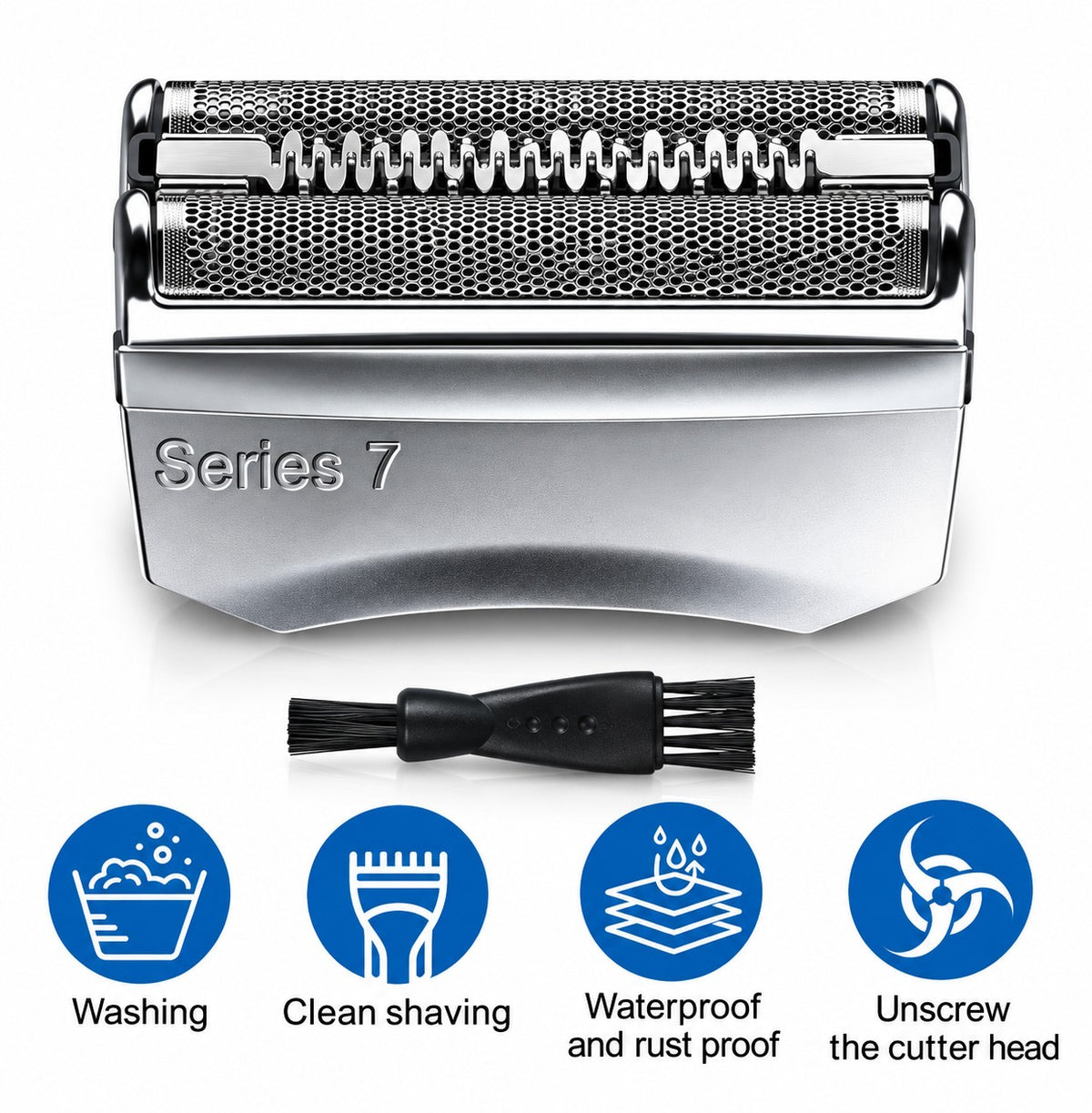 Vorderansicht Ersatz-Scherkopf Braun Series 7 mit Reinigungspinsel – abwaschbar, wasser- und rostbeständig