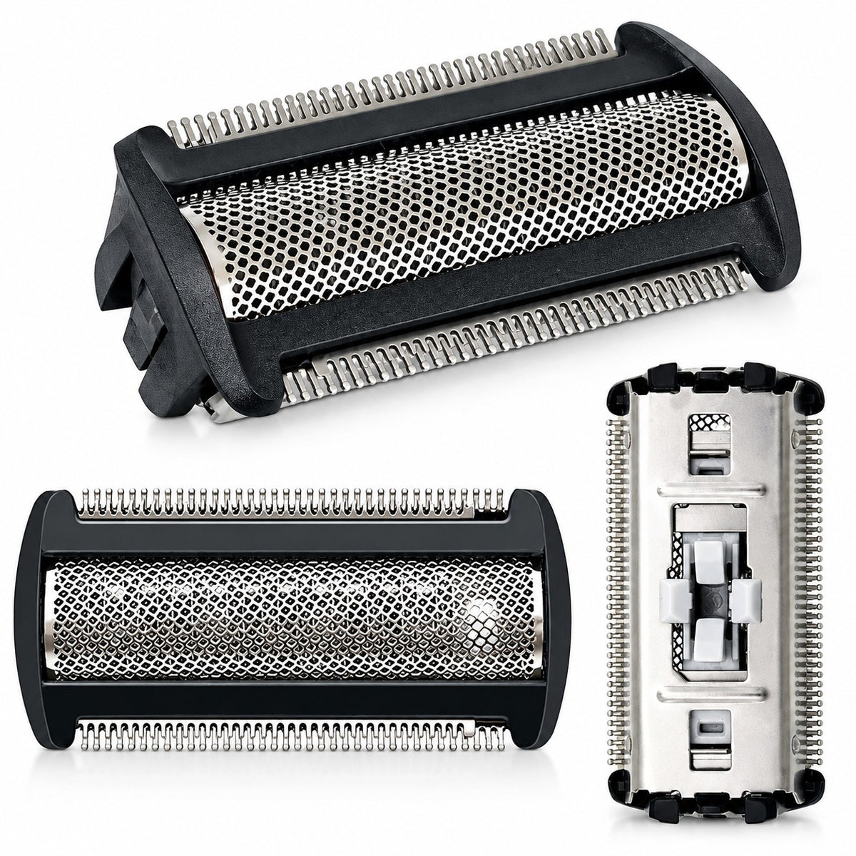 Ersatz-Scherkopf mit Trimmer kompatibel mit Philips BodyGroom – Schräg-, Drauf- und Rückansicht