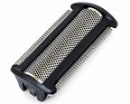 Detailansicht der Scherfolie und des Trimmerkamms am Scherkopf für Philips BodyGroom