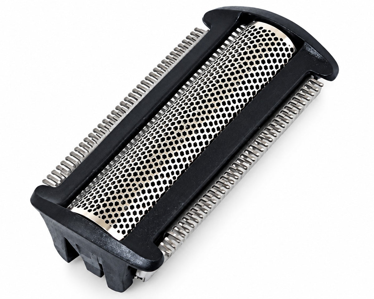 Detailansicht der Scherfolie und des Trimmerkamms am Scherkopf für Philips BodyGroom