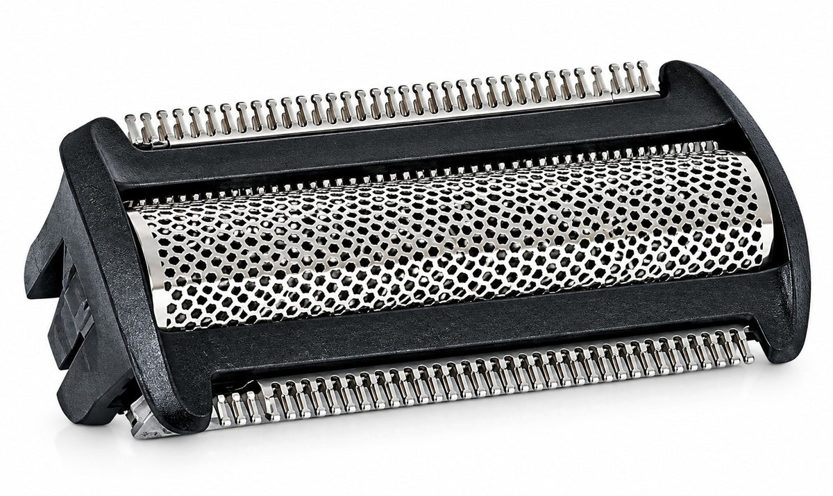 Scherkopf für Philips BodyGroom in Schrägansicht – Scherfolie mit beidseitigem Trimmer im schwarzen Rahmen
